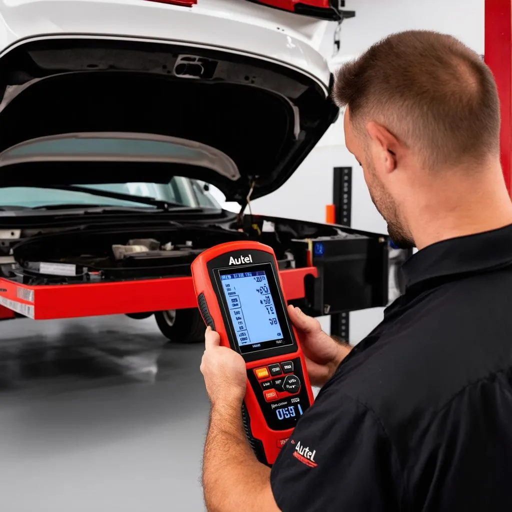 Mechanic using Autel Scanner on a car