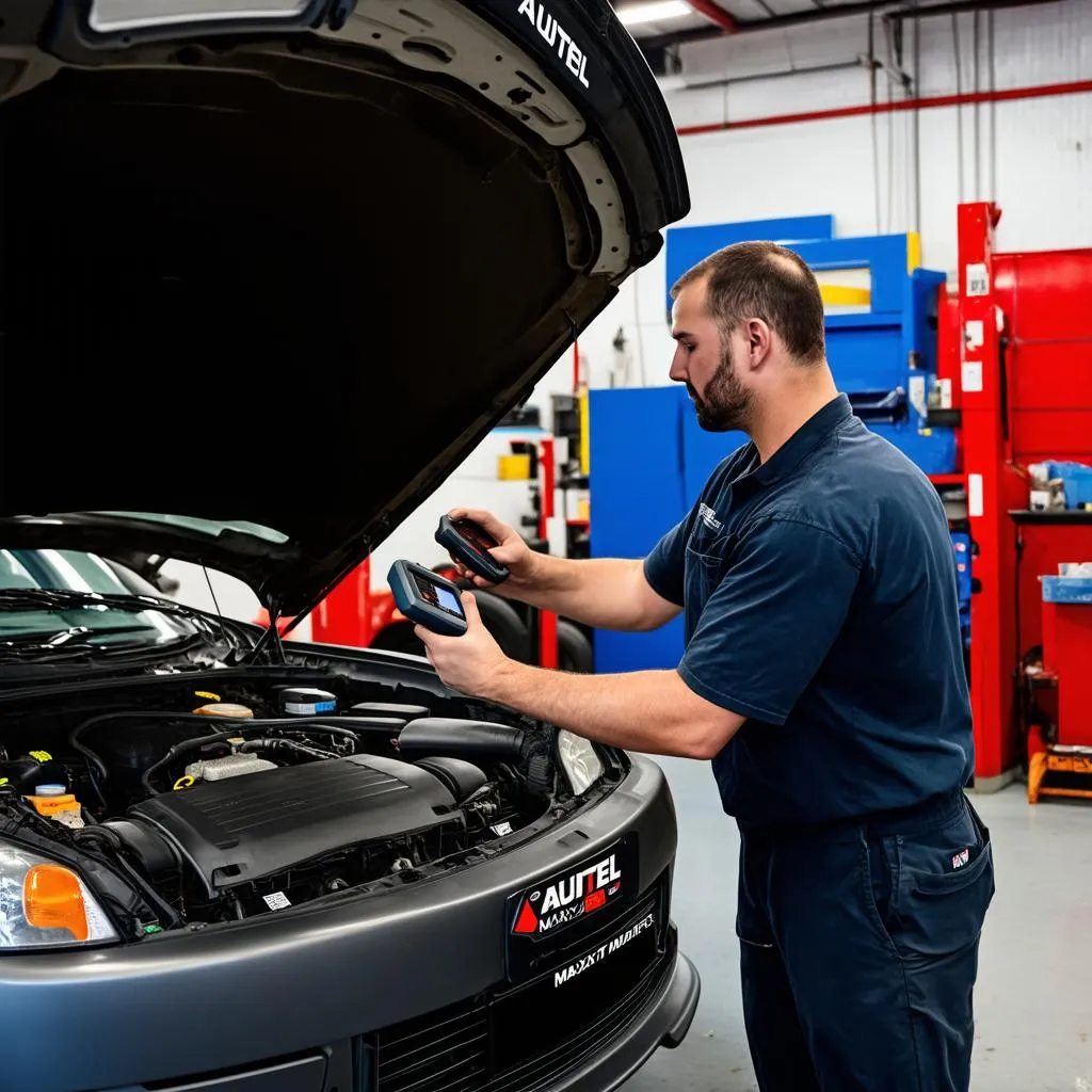 Mechanic Using Autel MaxiSys Scanner