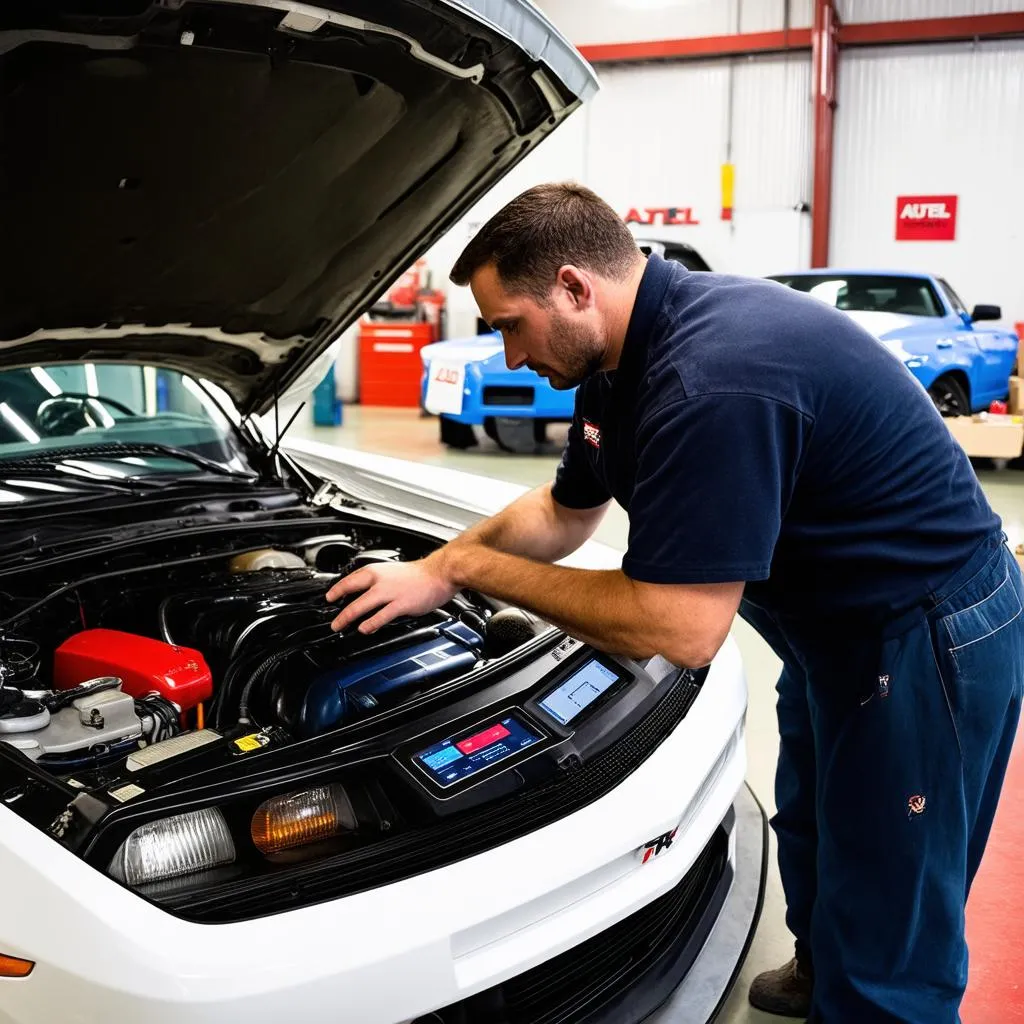 Mechanic Using Autel Scanner on a Car's Engine