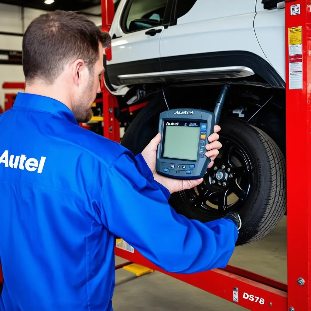 Mechanic using Autel MaxiDAS DS708