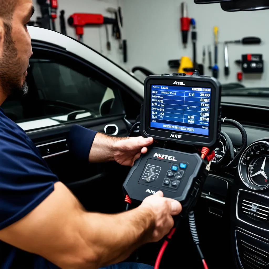 Mechanic using Autel Scanner with VCI cable plugged in a Mercedes-Benz