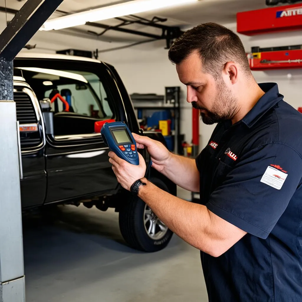 Mechanic Using Autel Scanner on Chevy Truck in Garage