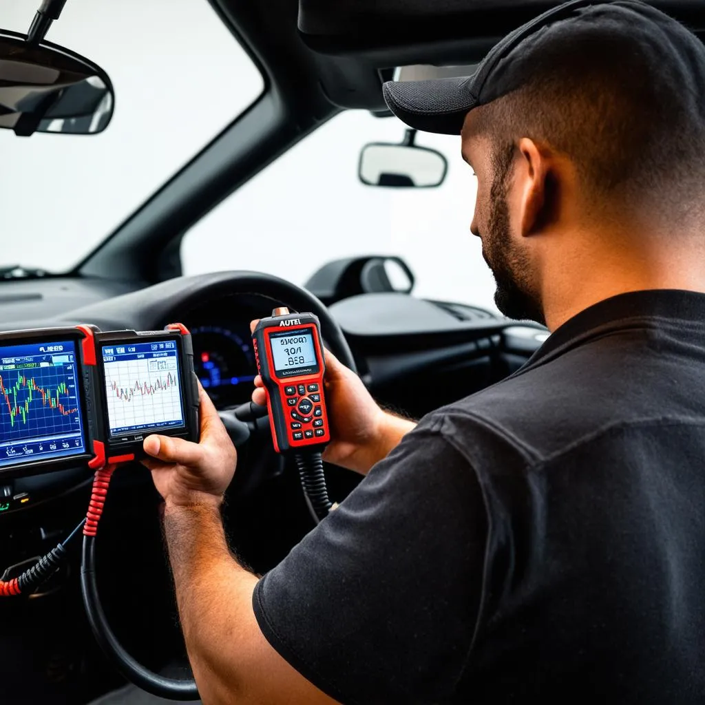 Mechanic using an Autel scanner to diagnose a car problem