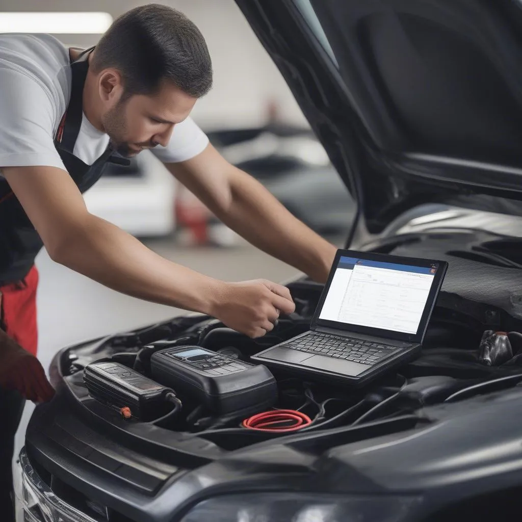 Mechanic Using Autel Scanner in Garage