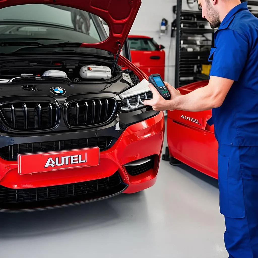 Mechanic using Autel Scanner on BMW