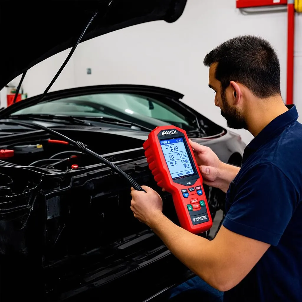 Mechanic using Autel scanner to diagnose car