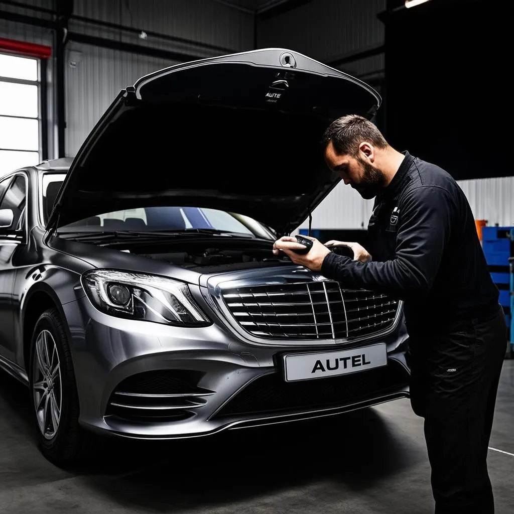 Mechanic Using Autel Scanner on European Car