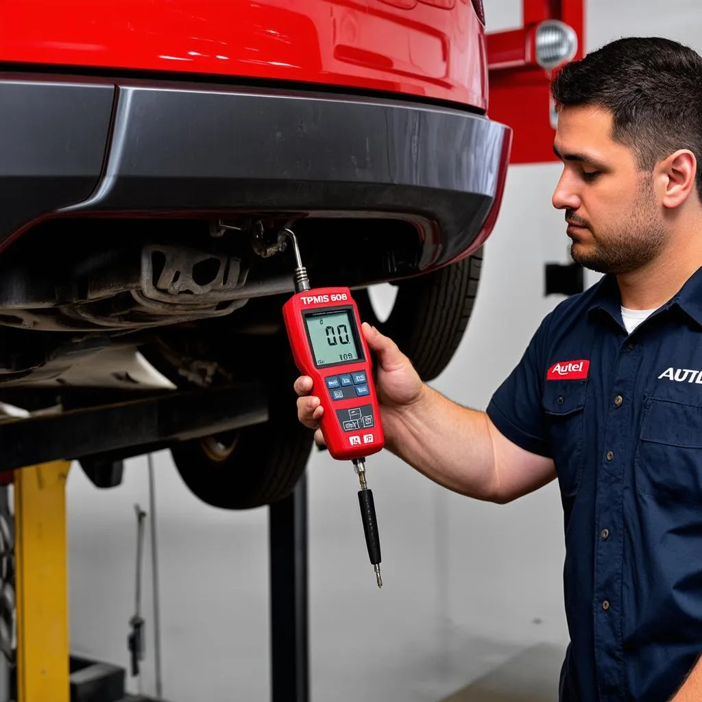 Mechanic using Autel TPMS 608