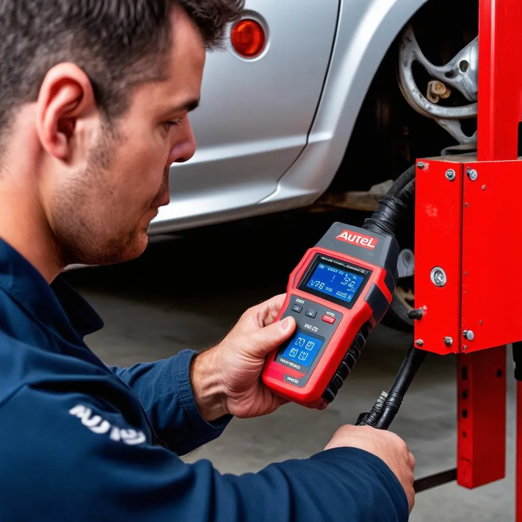 Mechanic Using Autel TPMS Tool