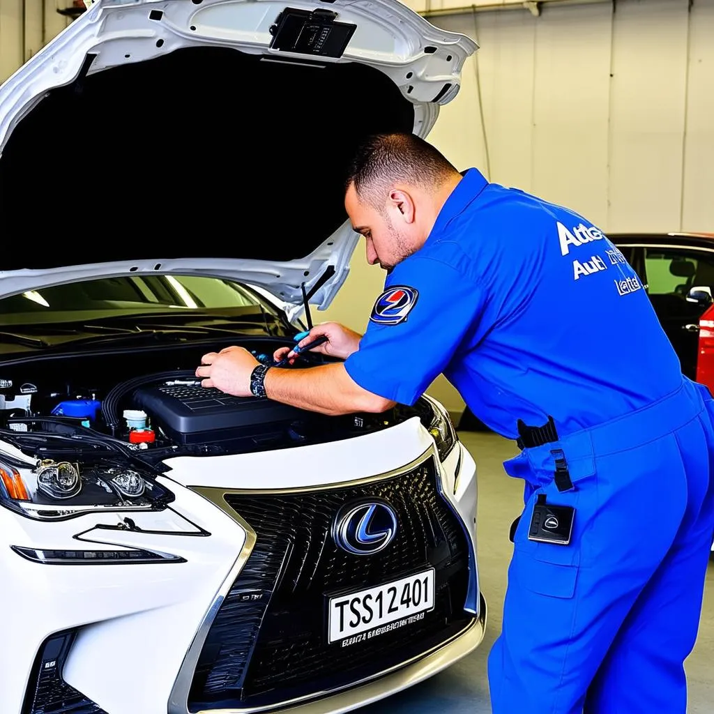 Mechanic using Autel TS401 on Lexus engine