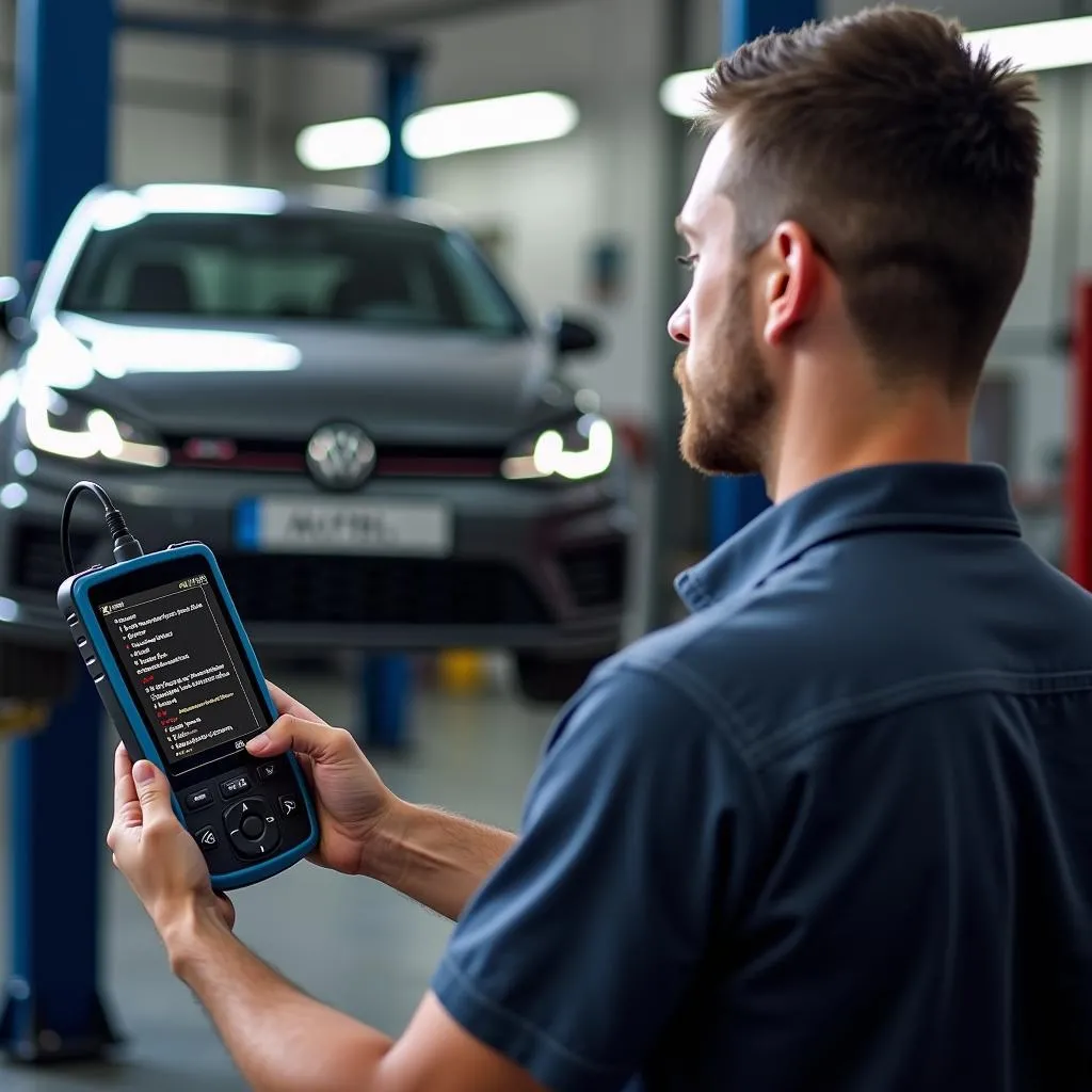 Mechanic using Autel VAG405 in a garage