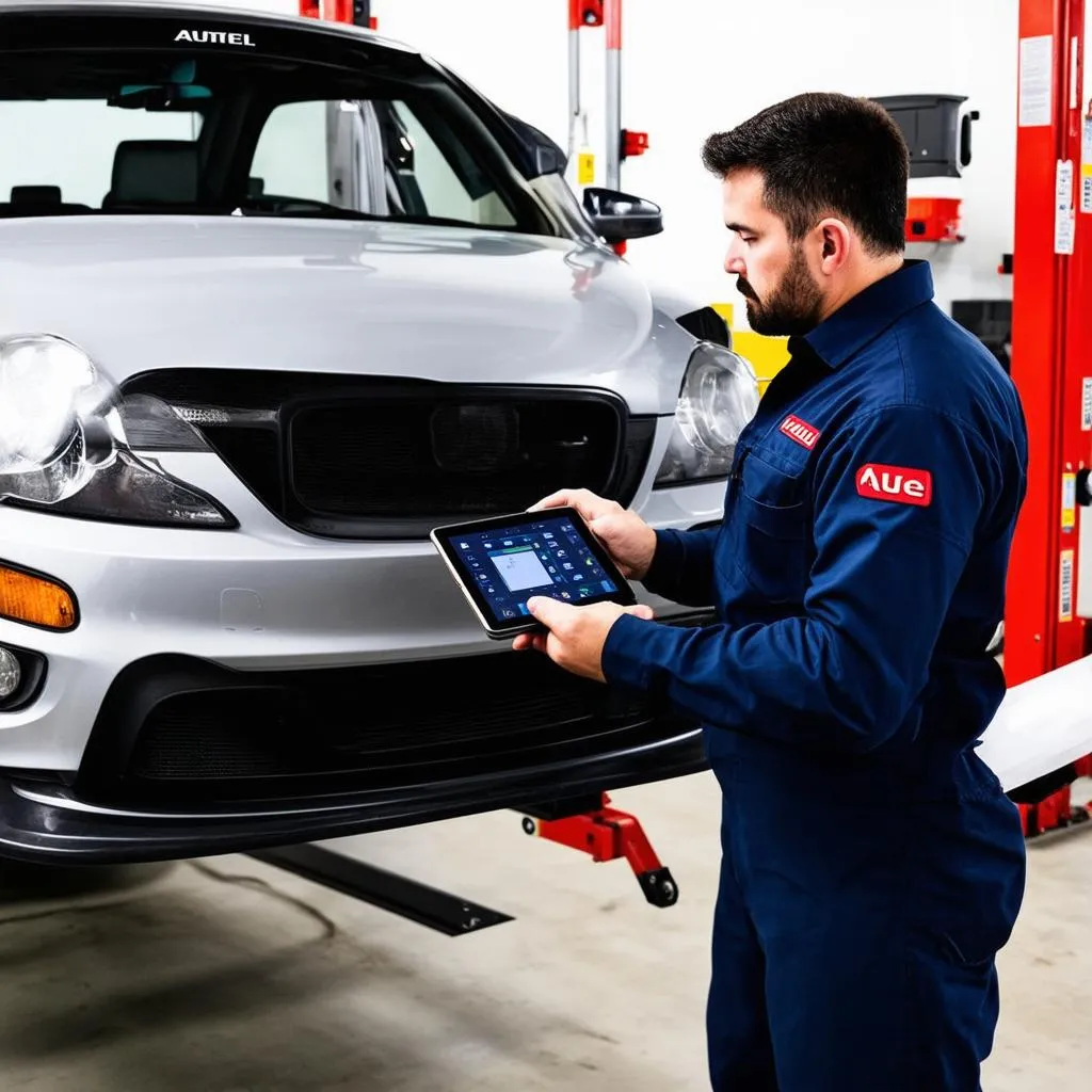 Mechanic using the Autel VCI100 to diagnose a car problem