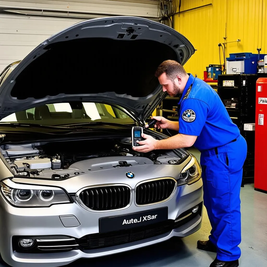 Mechanic using Autel X-Star diagnostic tool on a car