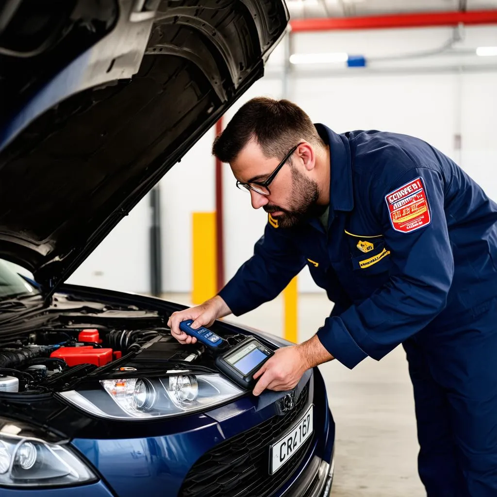 A mechanic using an auto scan tool to diagnose a car problem