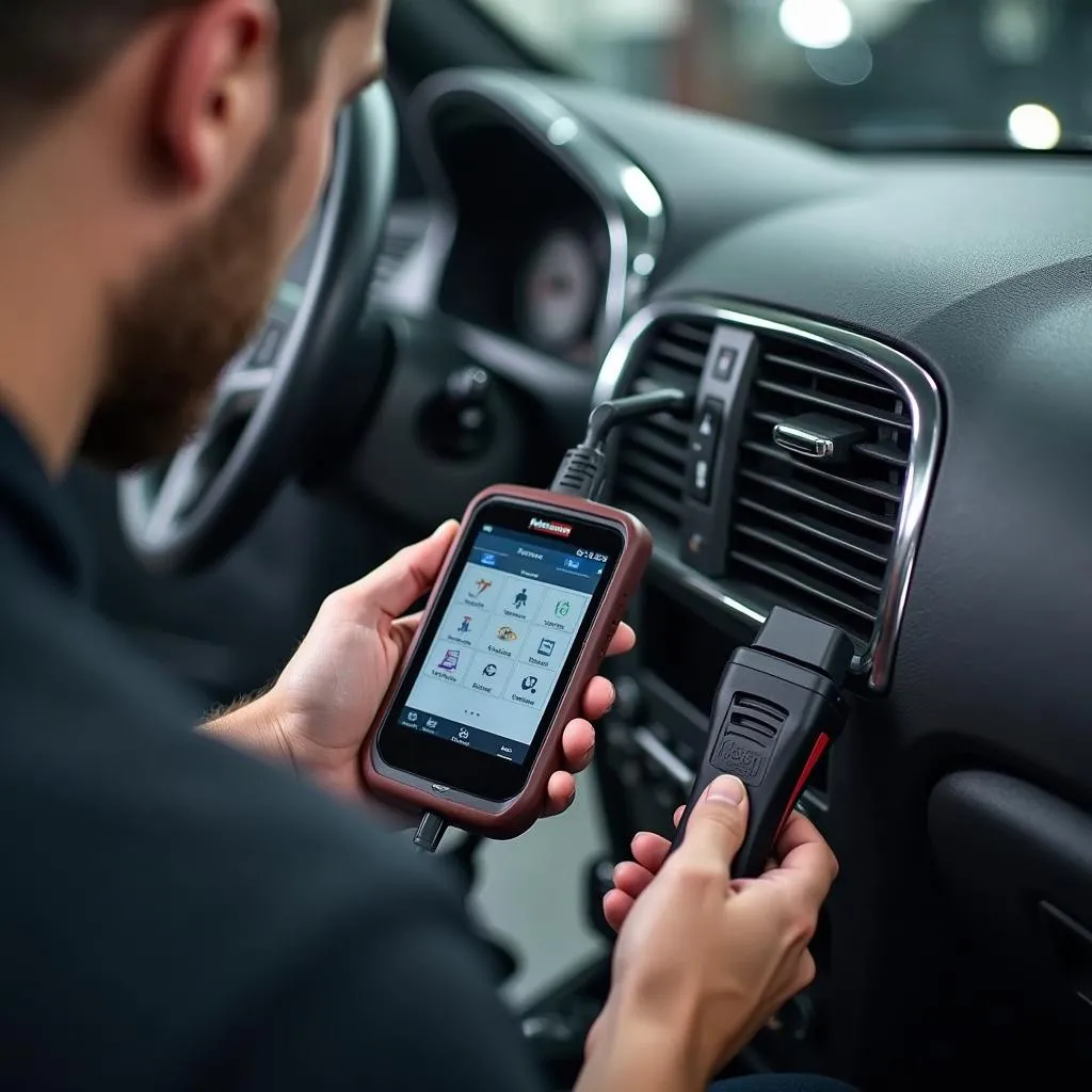 Mechanic Performing a Fuel Injector Balance Test with a Scan Tool