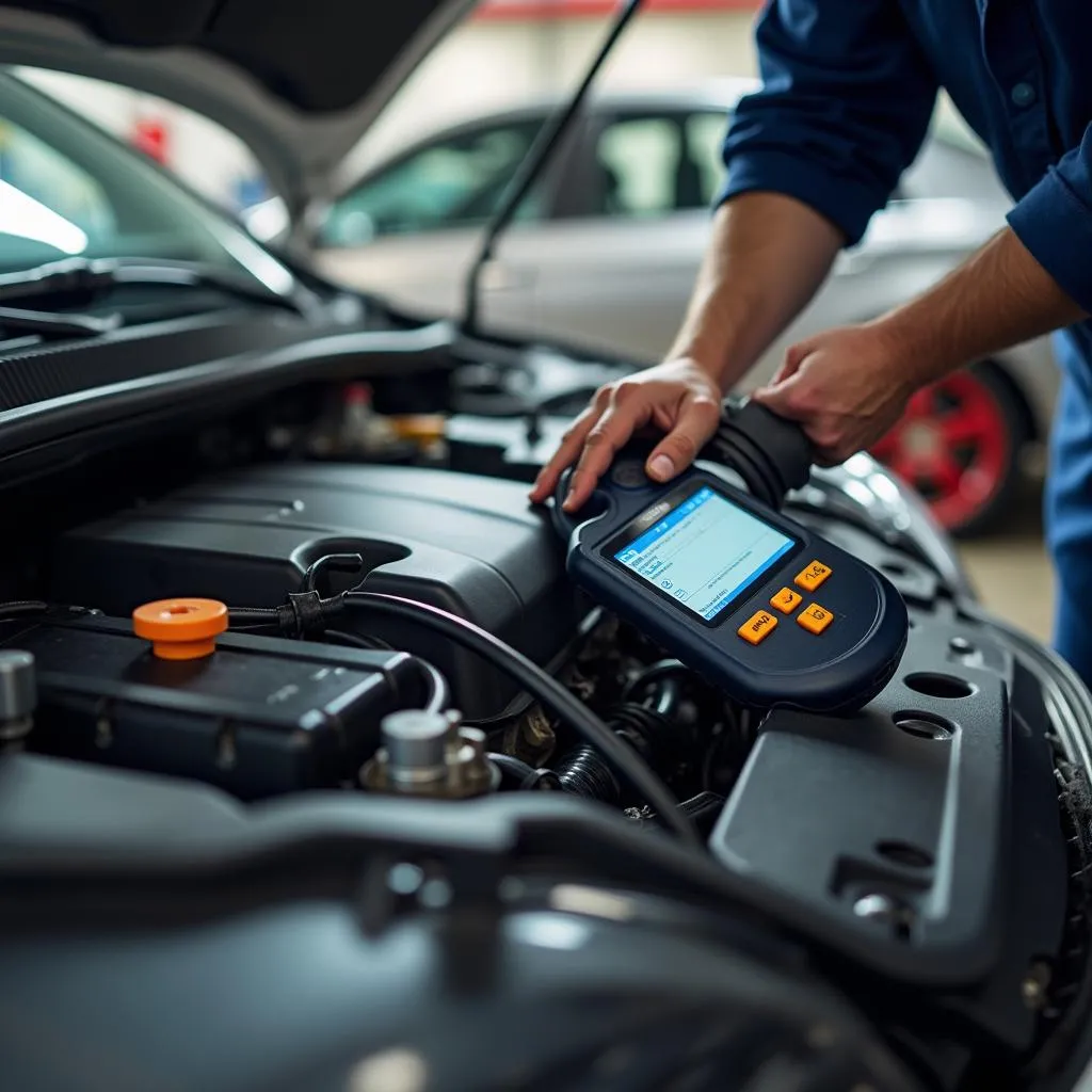 Mechanic Using Auto Scan Tool on Vehicle in Garage