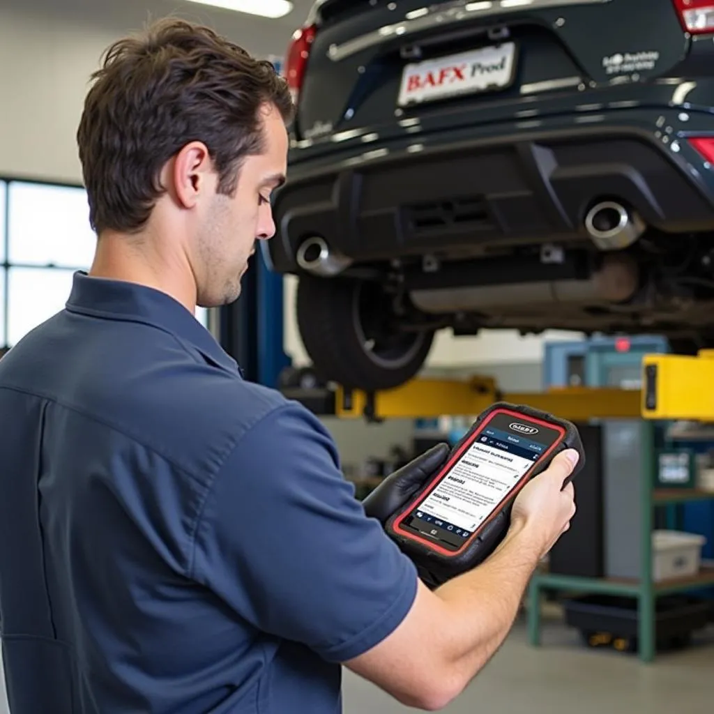 Mechanic using BAFX Products 34t5 to diagnose a car transmission issue.