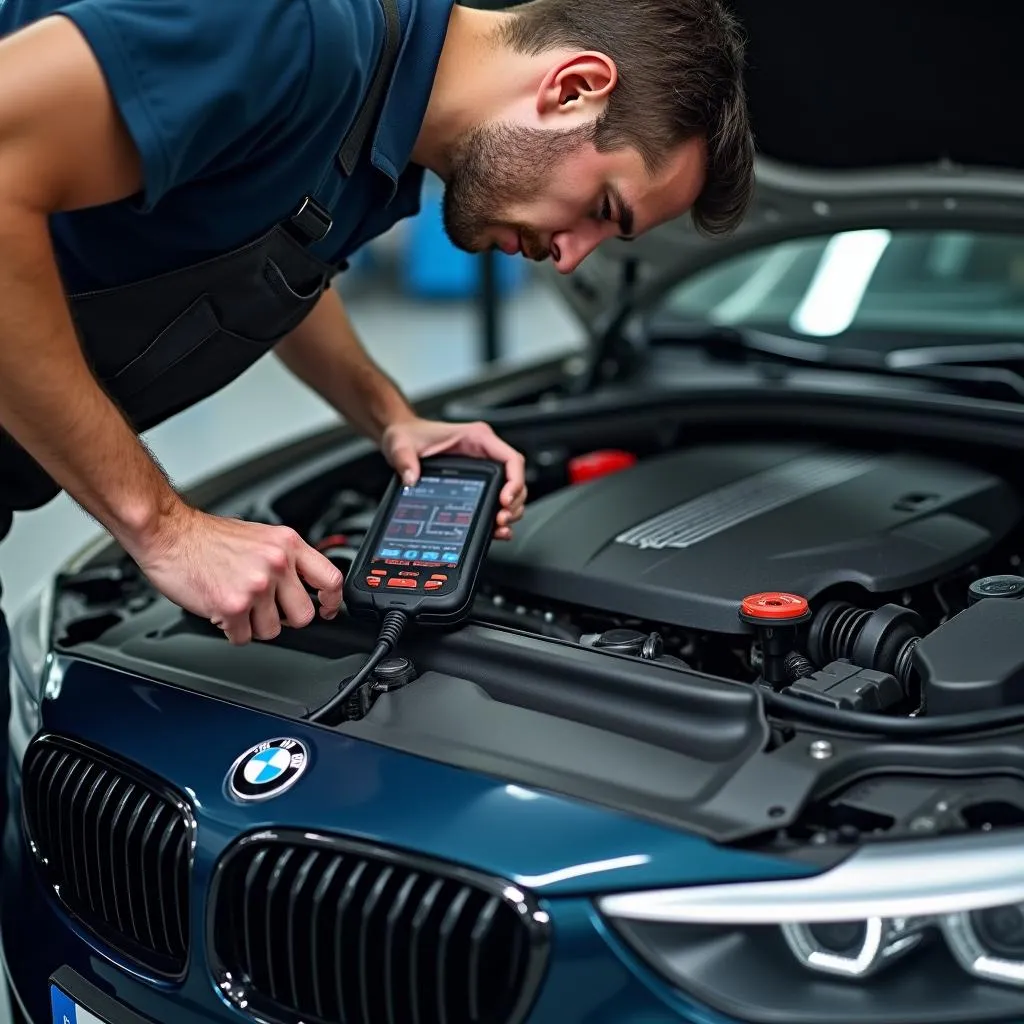 Mechanic performing diagnostics on a BMW using a bidirectional scan tool