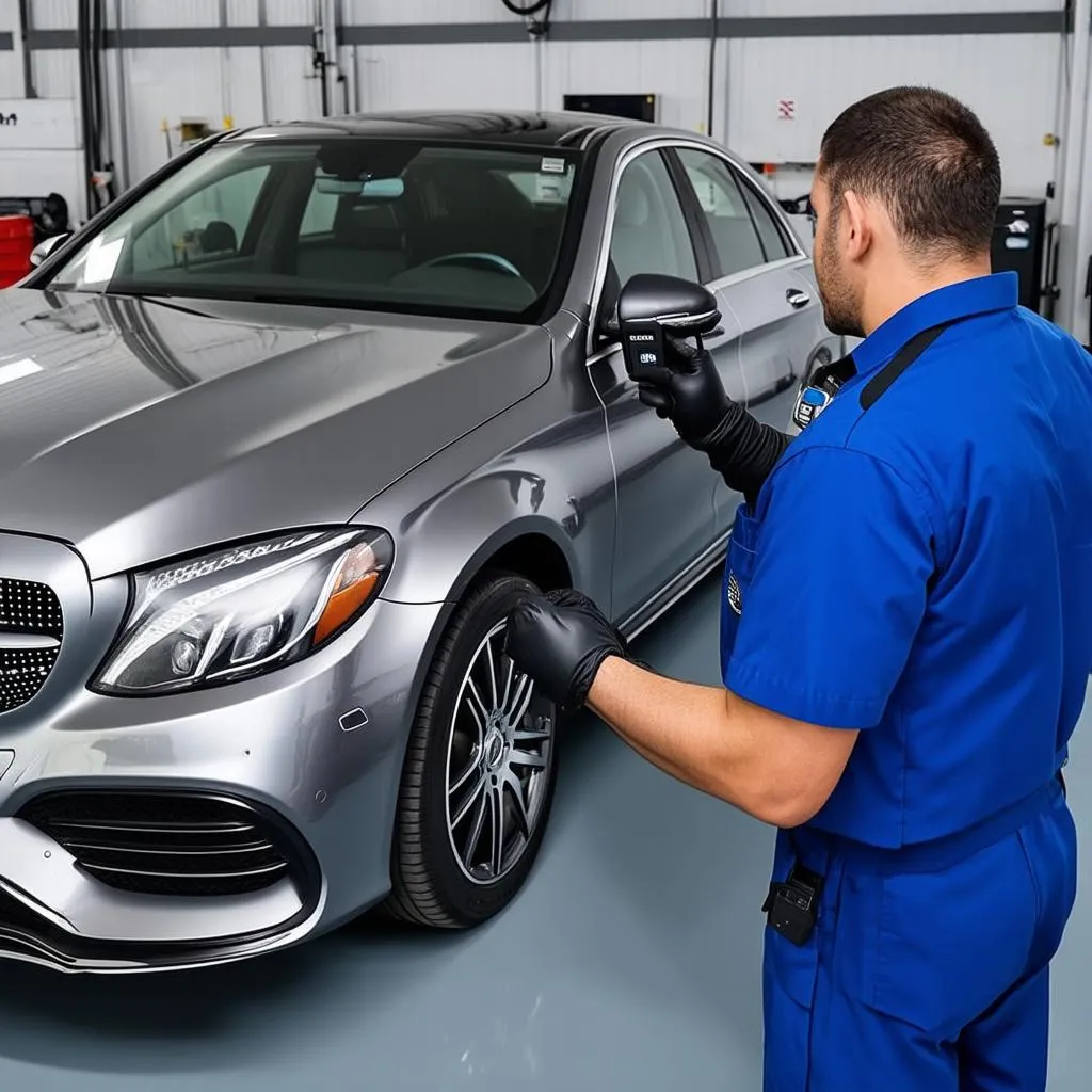 Mechanic using a bidirectional scan tool to diagnose a Mercedes-Benz in a professional workshop