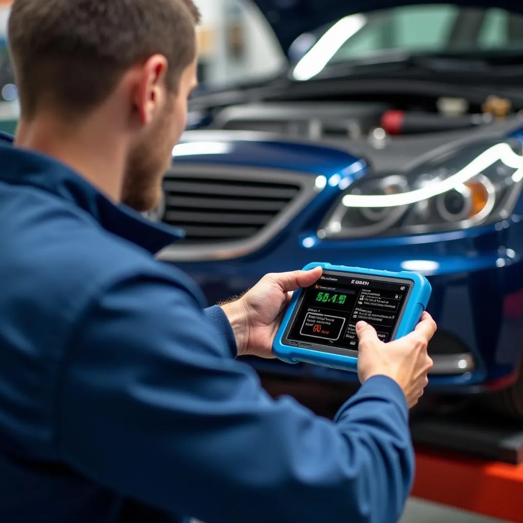 Mechanic using Blue Point EECR 3A scan tool in a garage