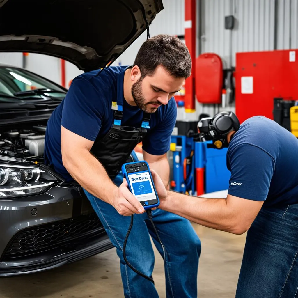 Mechanic using BlueDriver to diagnose car problems