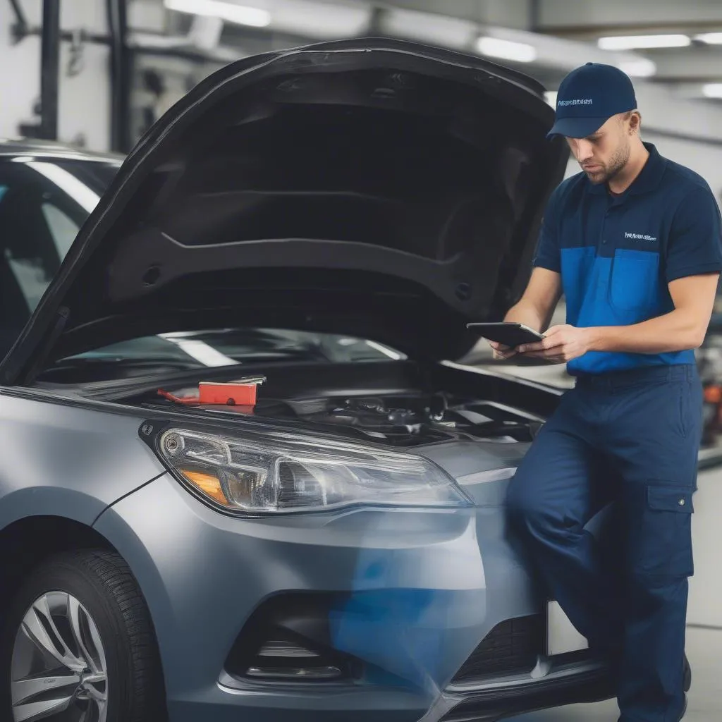 Mechanic using BlueDriver app on a smartphone