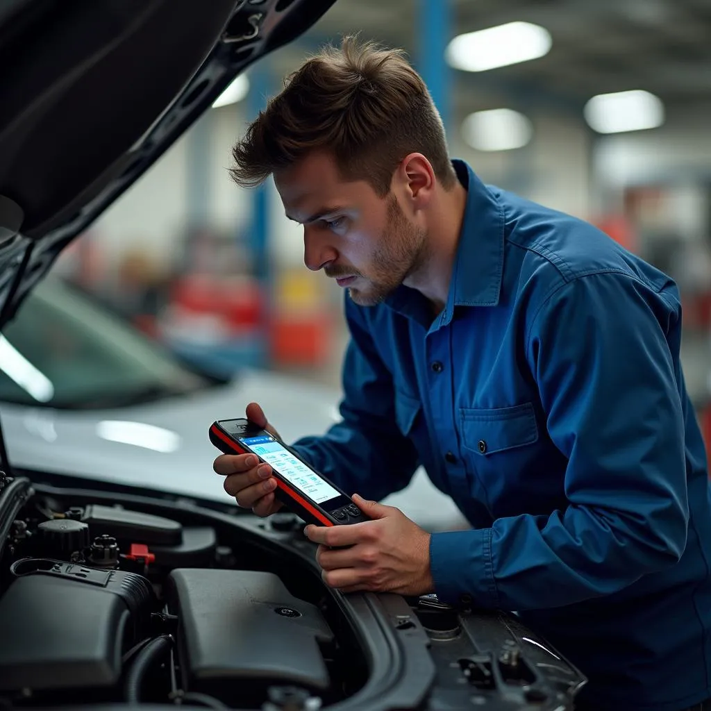 Mechanic using a Bluetooth car scan tool to diagnose a car problem