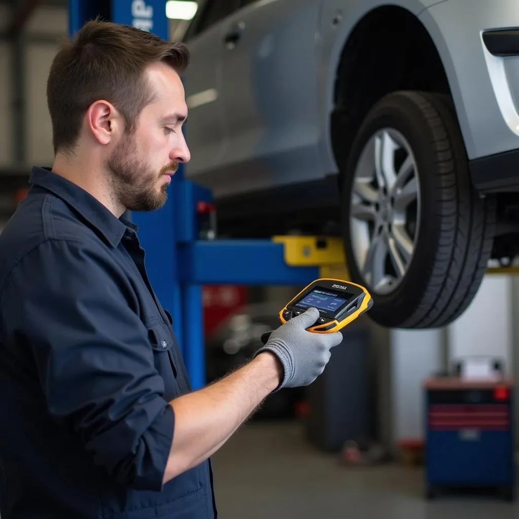 Mechanic Using Bluetooth OBD2 Scan Tool to Diagnose Car Problem