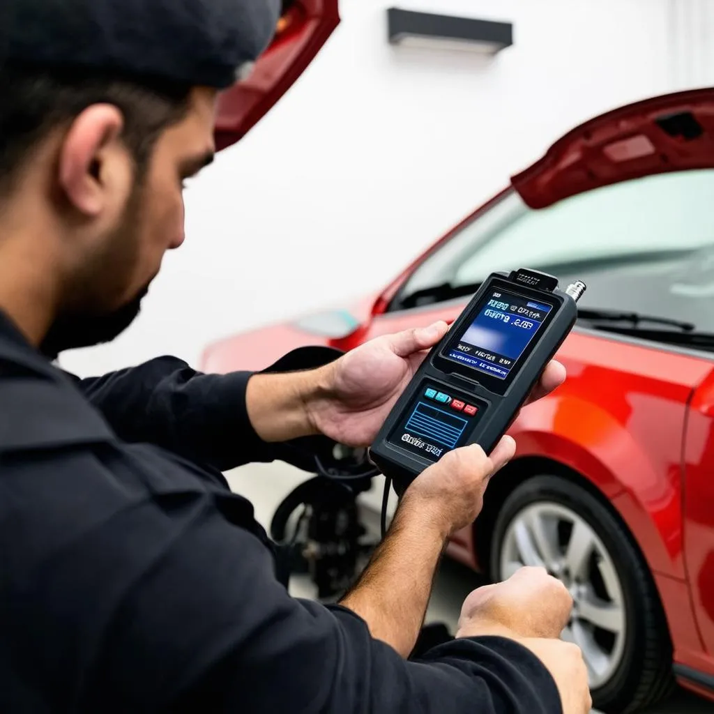 Mechanic using a bluetooth OBD2 scan tool on a car