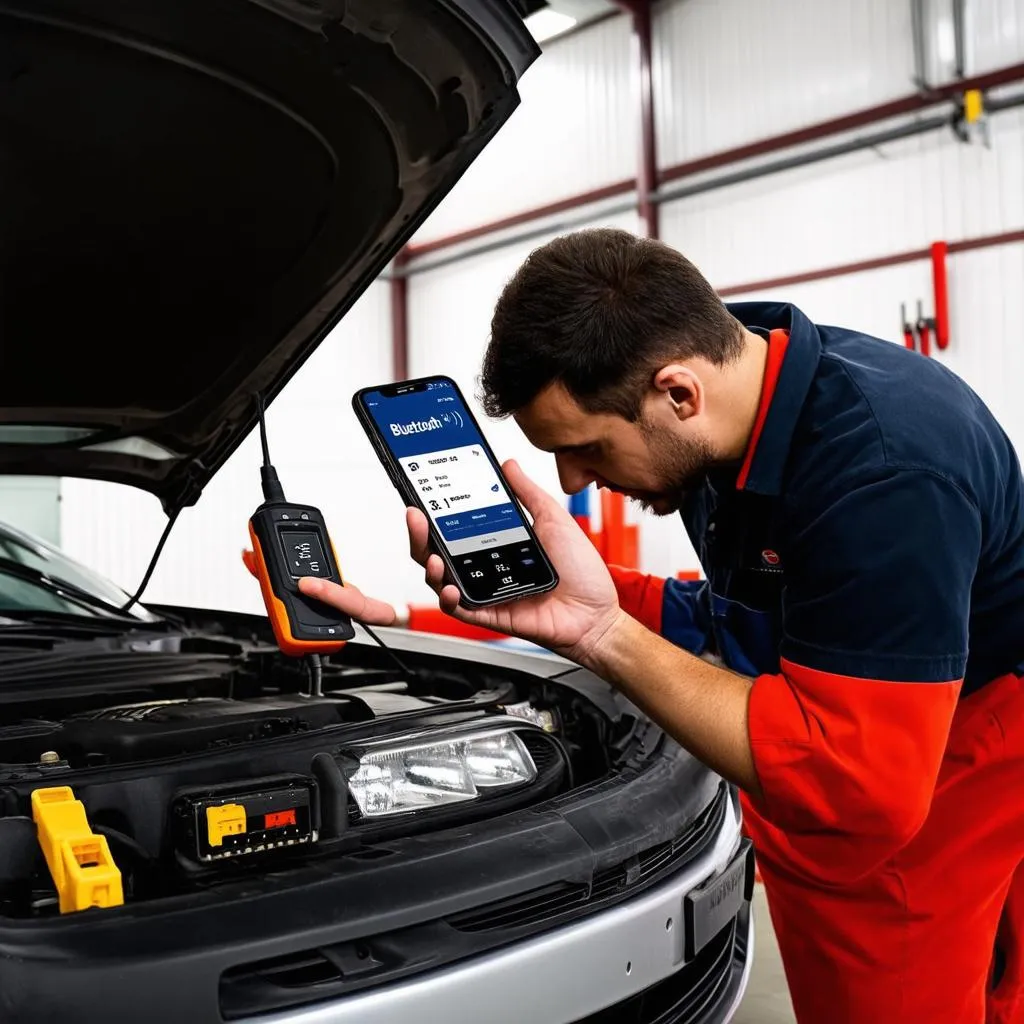 Mechanic using a Bluetooth OBD2 scanner to diagnose a car problem