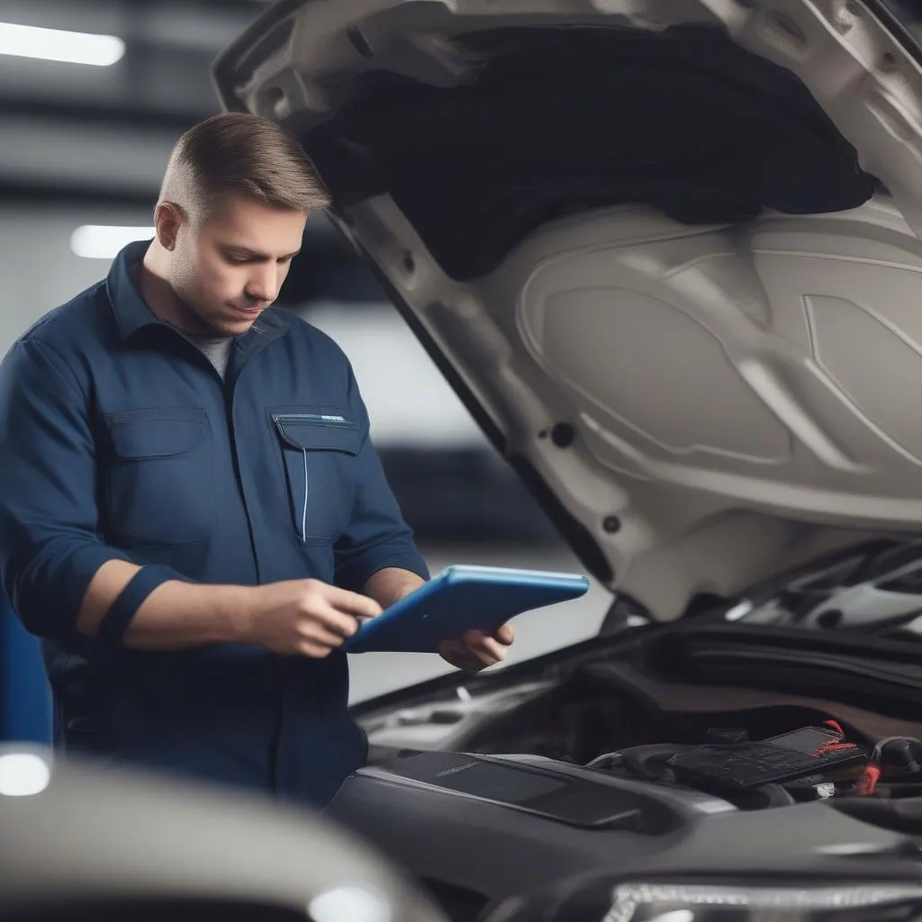 Mechanic Using Bluetooth OBD2 Scanner on a Car