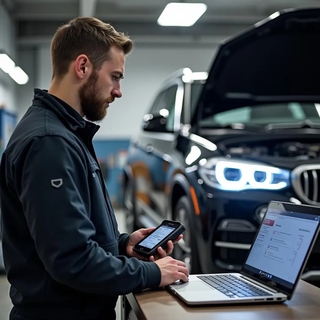 Mechanic diagnosing a BMW using a professional Bluetooth OBDII Scan Tool