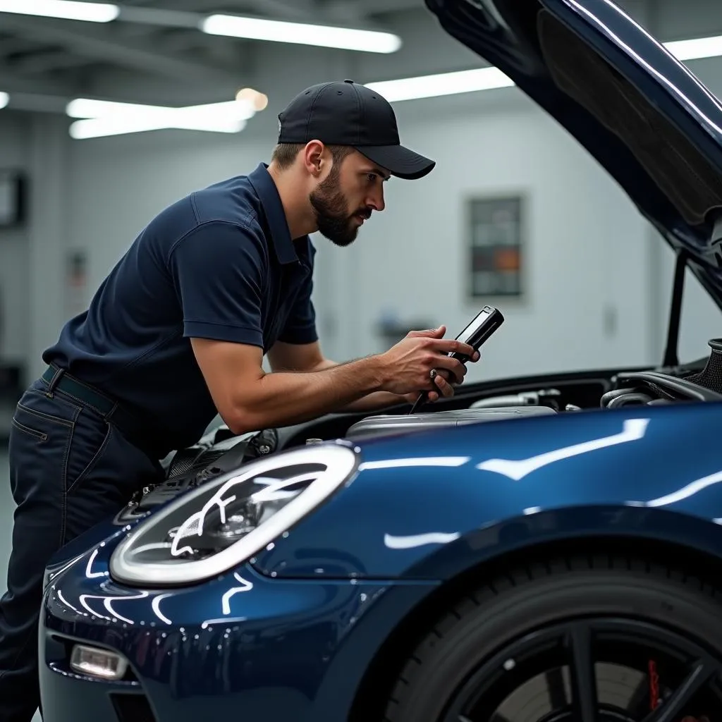 Mechanic diagnosing a European car with a Bluetooth scan tool