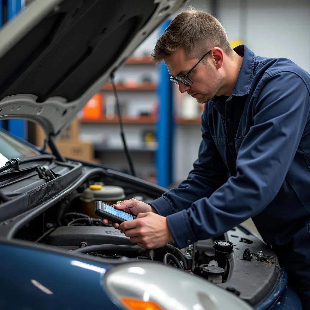 Mechanic using a Bluetooth scanner on the engine of a 2005 Prius