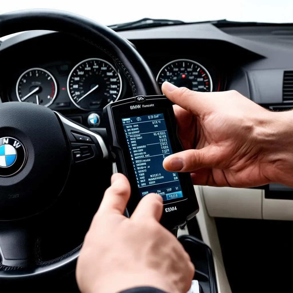 A mechanic using a BMW-specific scan tool to diagnose a problem