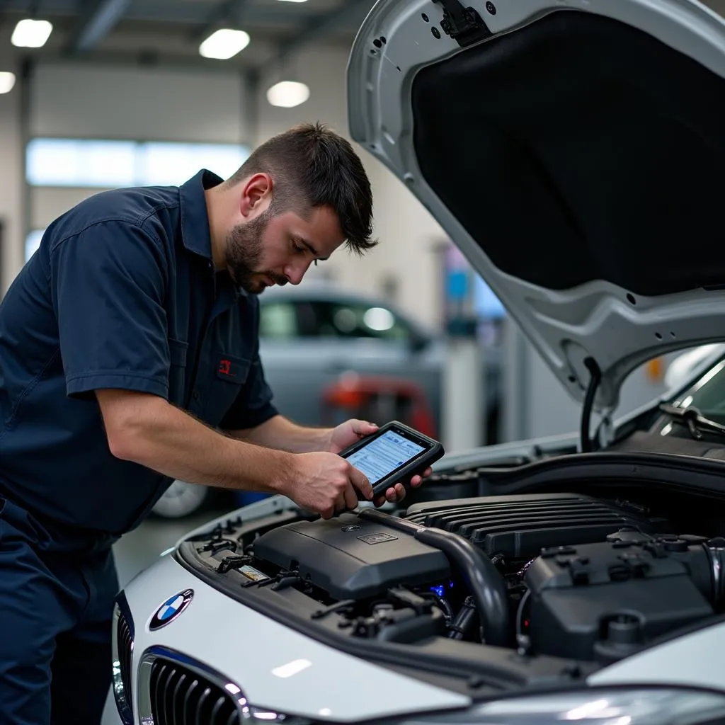 Mechanic Using BMW Scan Tool in Garage