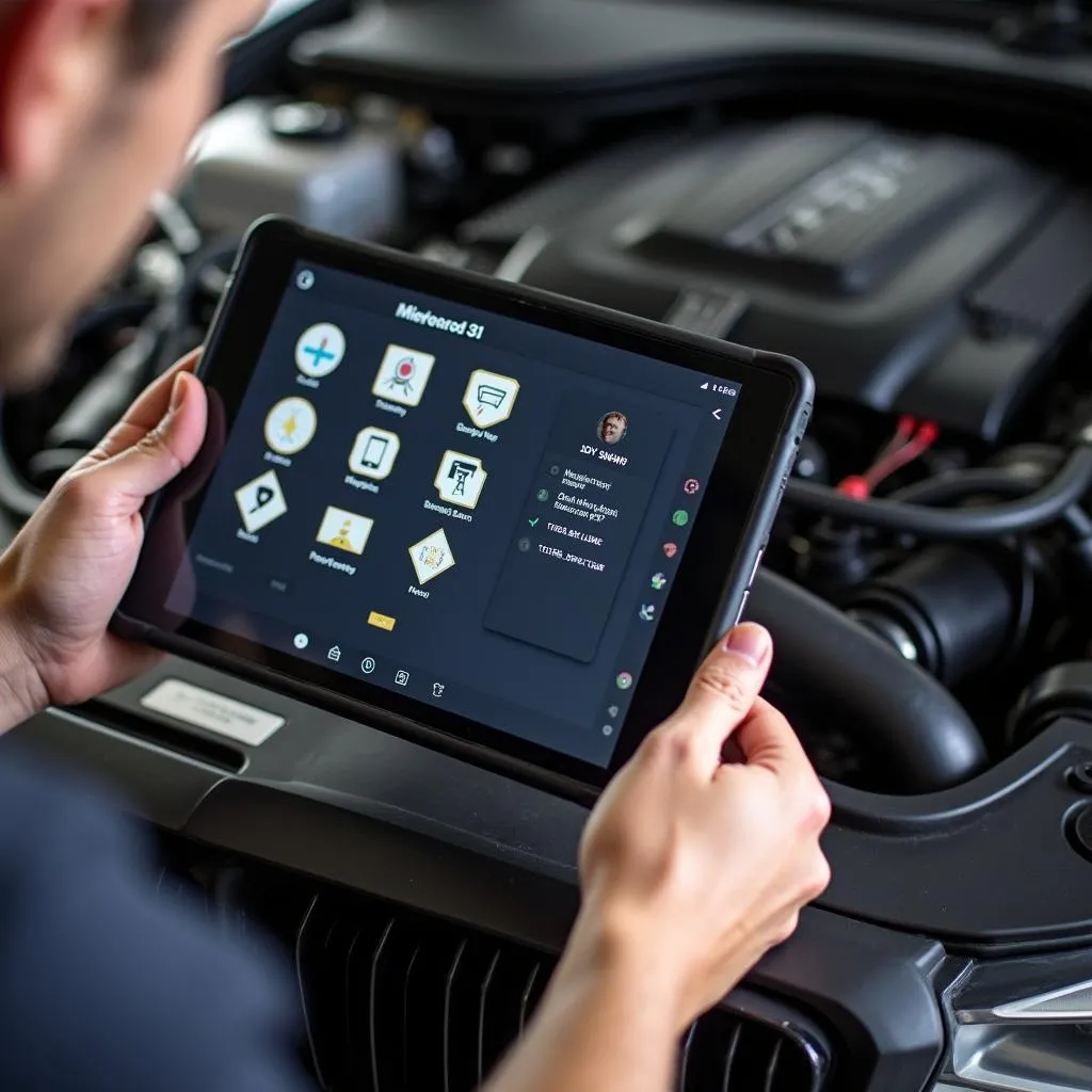 A person working on their car engine using a BMW tablet diagnostic scan tool