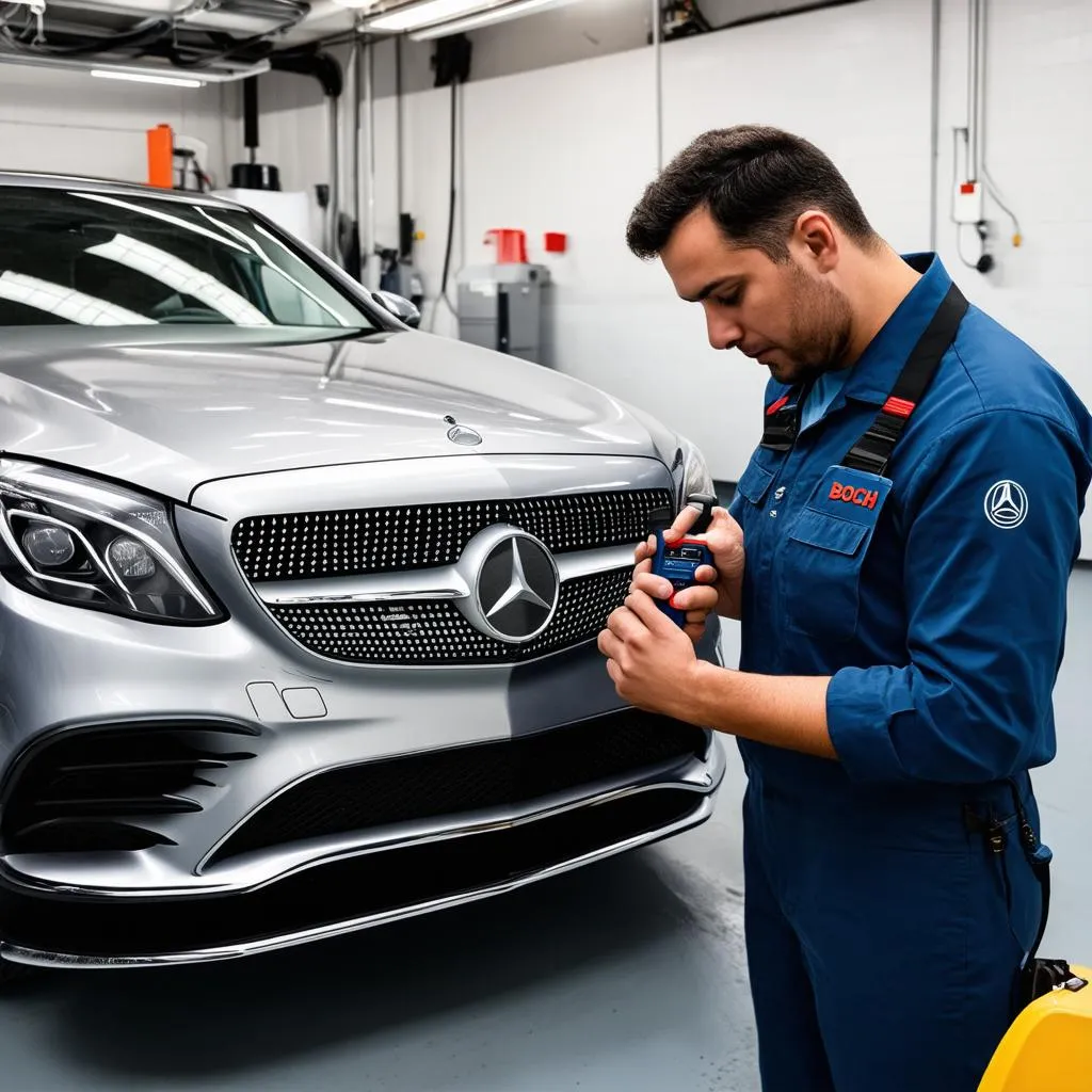 Mechanic using Bosch ADS on Mercedes-Benz