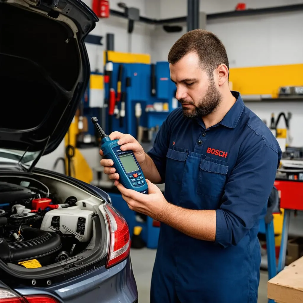 Mechanic Using Bosch Scan Tool for Diagnostics