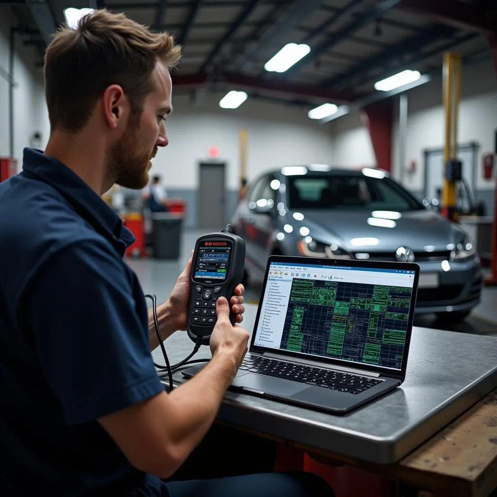 Mechanic Diagnosing a Car with a Bosch Scan Tool and Laptop