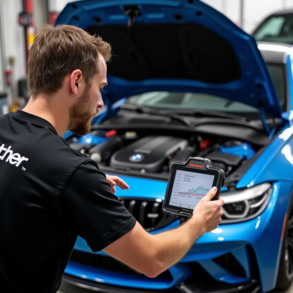 Mechanic using a Brother scan tool to diagnose engine problems on a BMW