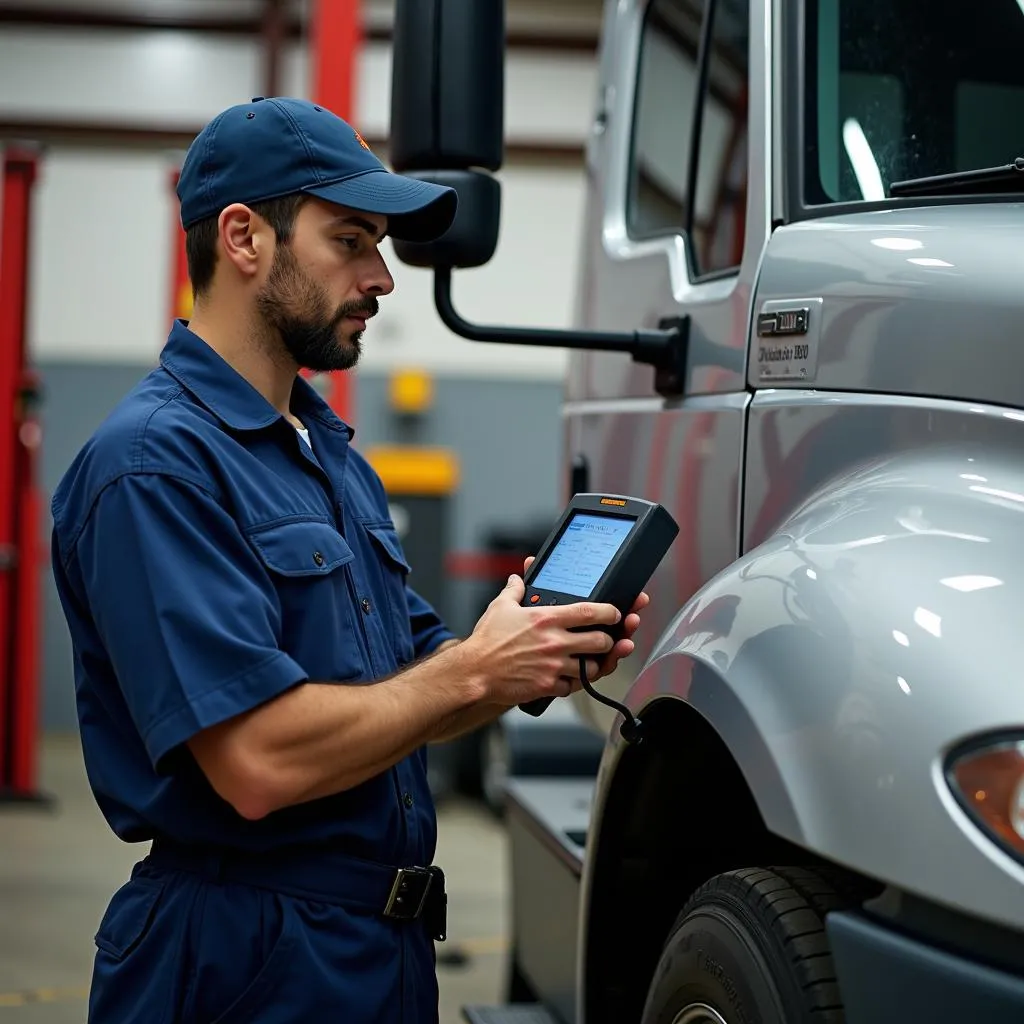 Mechanic Using a Car Scan Tool on an International Truck