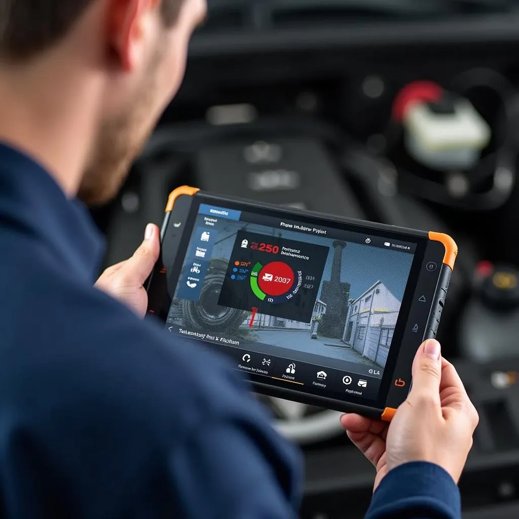 Mechanic using a car scan tools app on a tablet to diagnose a truck