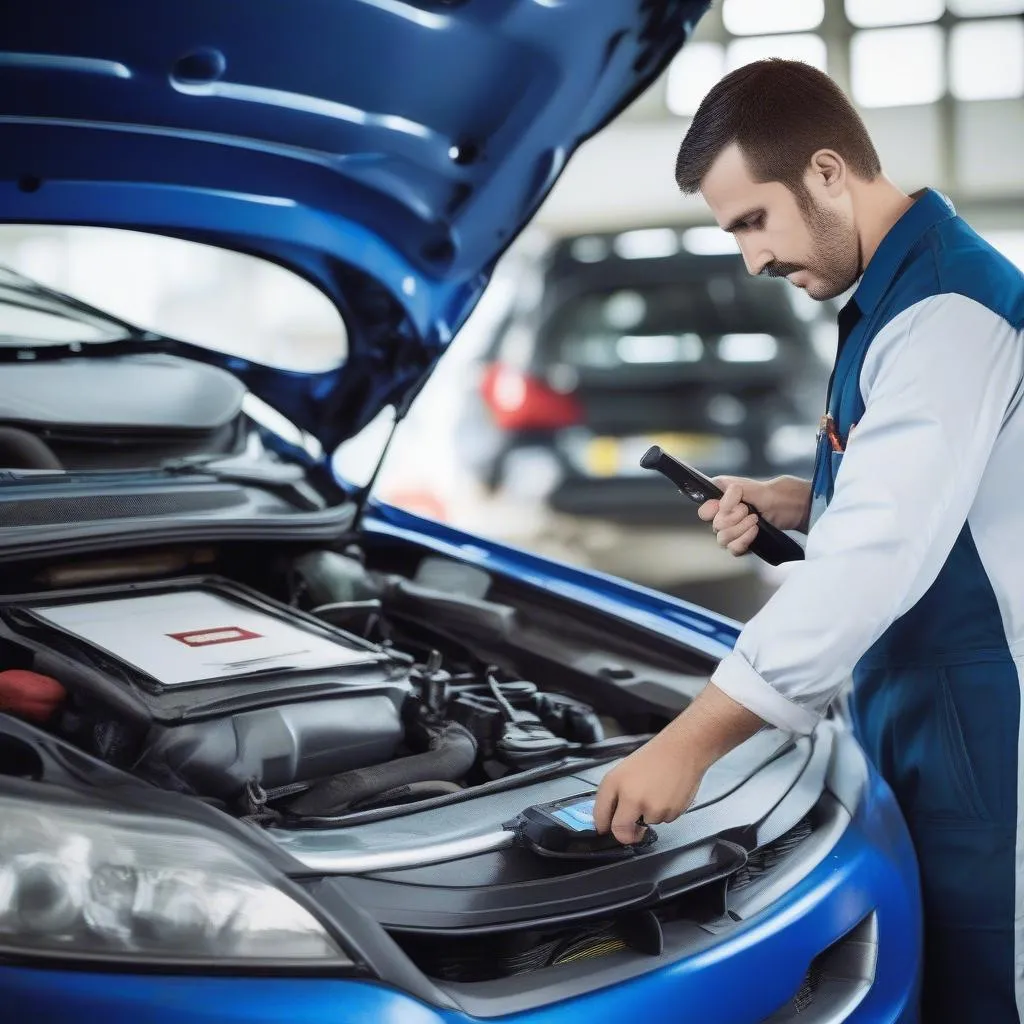 Mechanic using a car scanning tool to diagnose a misfire