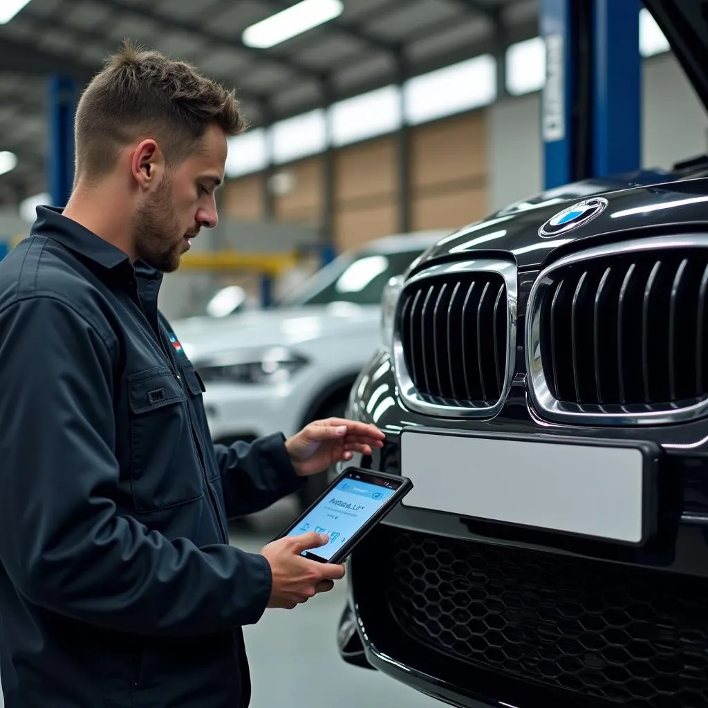 Mechanic Using Carly Hallam to Diagnose BMW in London Garage