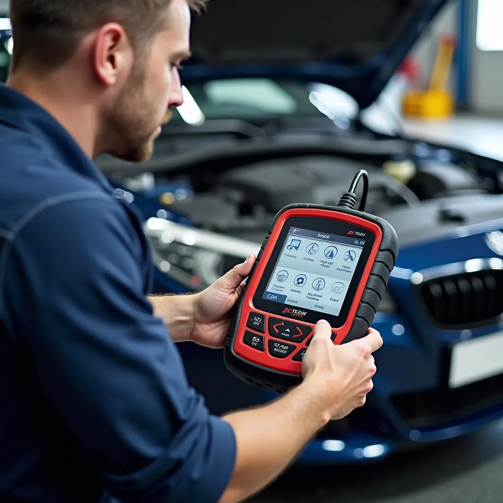 Mechanic using Cen Tech 60693 on a European car