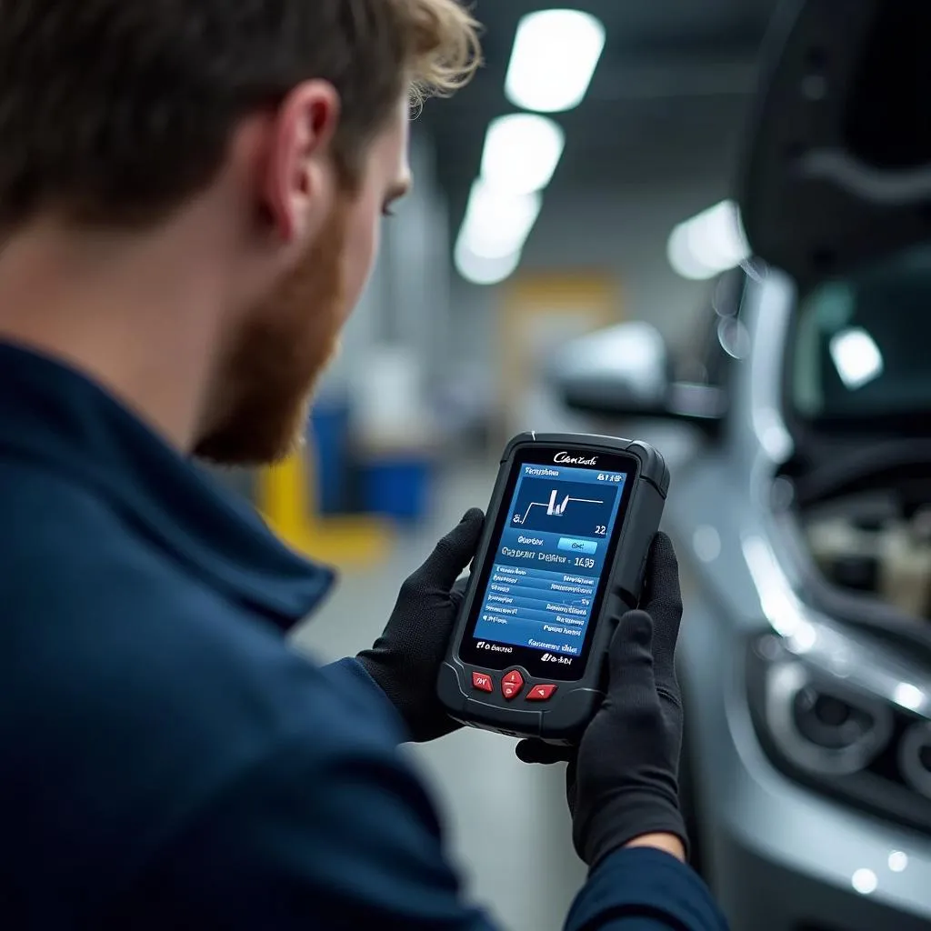 Mechanic using the Cen Tech Deluxe OBD II scan tool in a garage