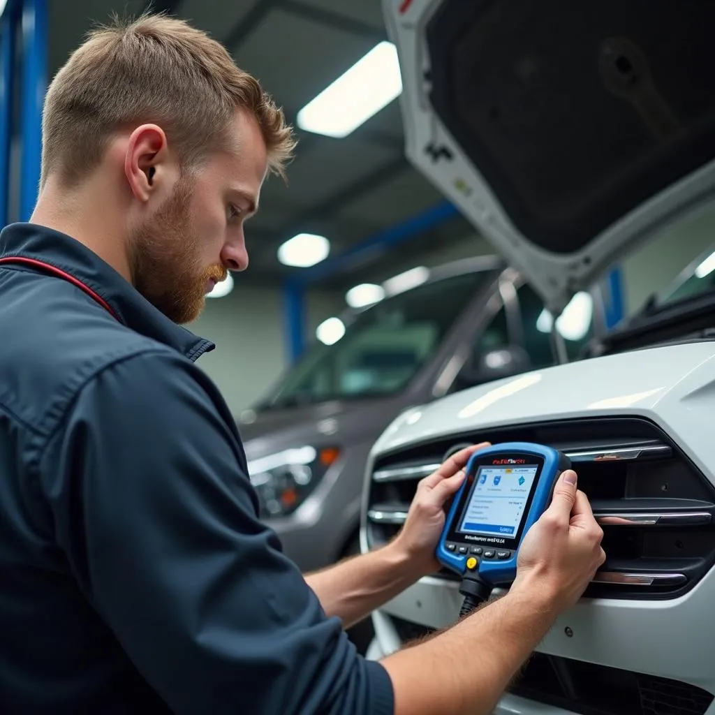 Mechanic Using Cen-Tech Scanner in Garage