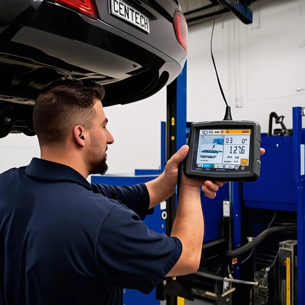 Mechanic using Centech scan tool to diagnose car problem