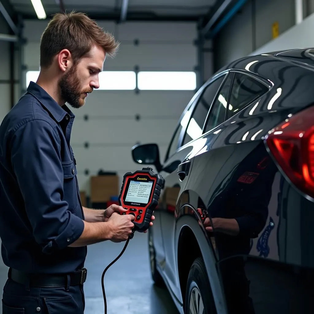 Mechanic using Centech scan tool on a car